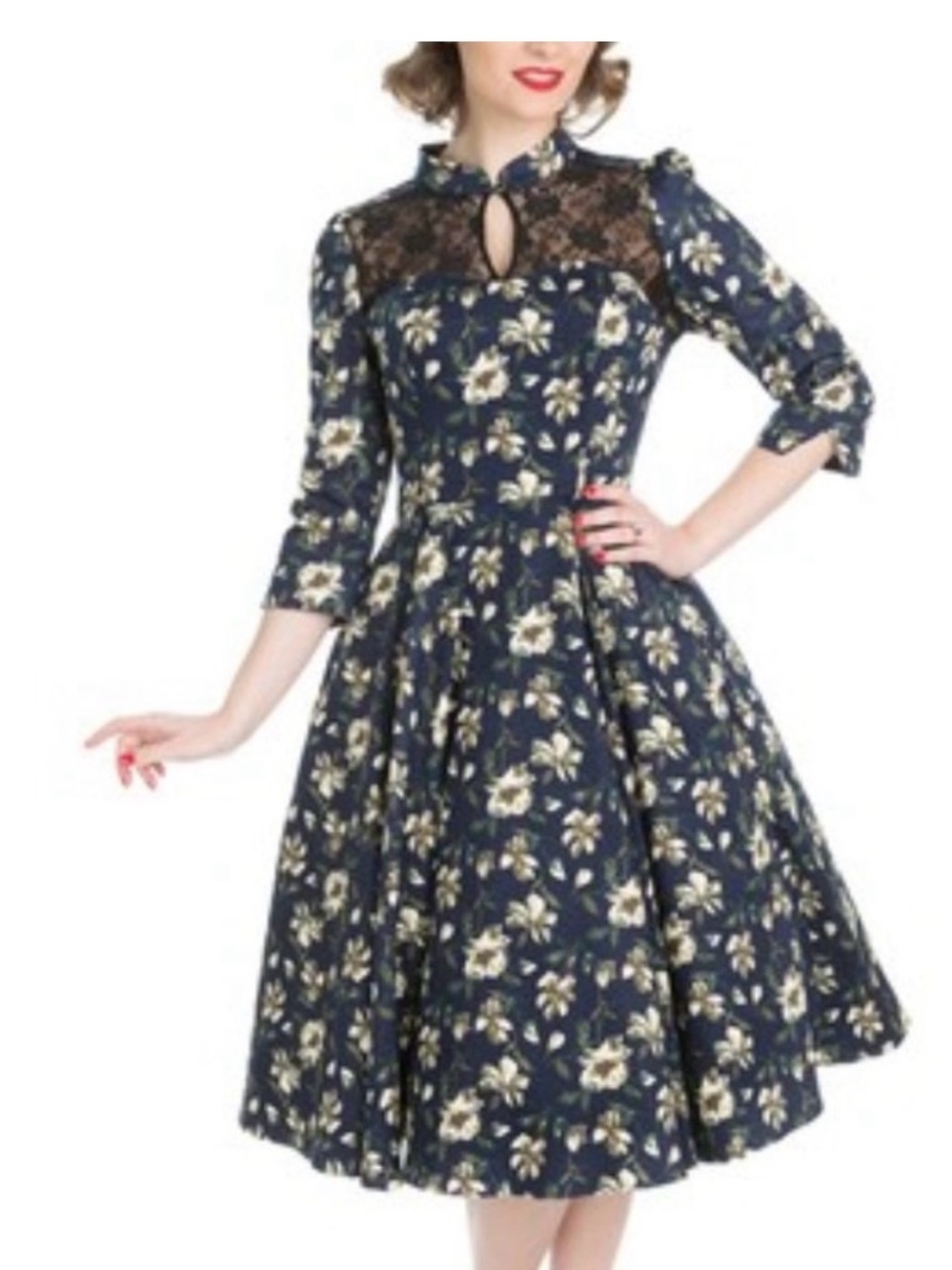 Navy Floral Midi Dress with Lace Yoke